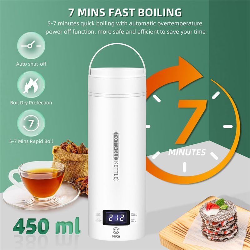 AEE4-Travel Electric Kettle Portable Small Mini Tea Coffee Kettle Water Heater White Stainless Steel With LCD US Plug