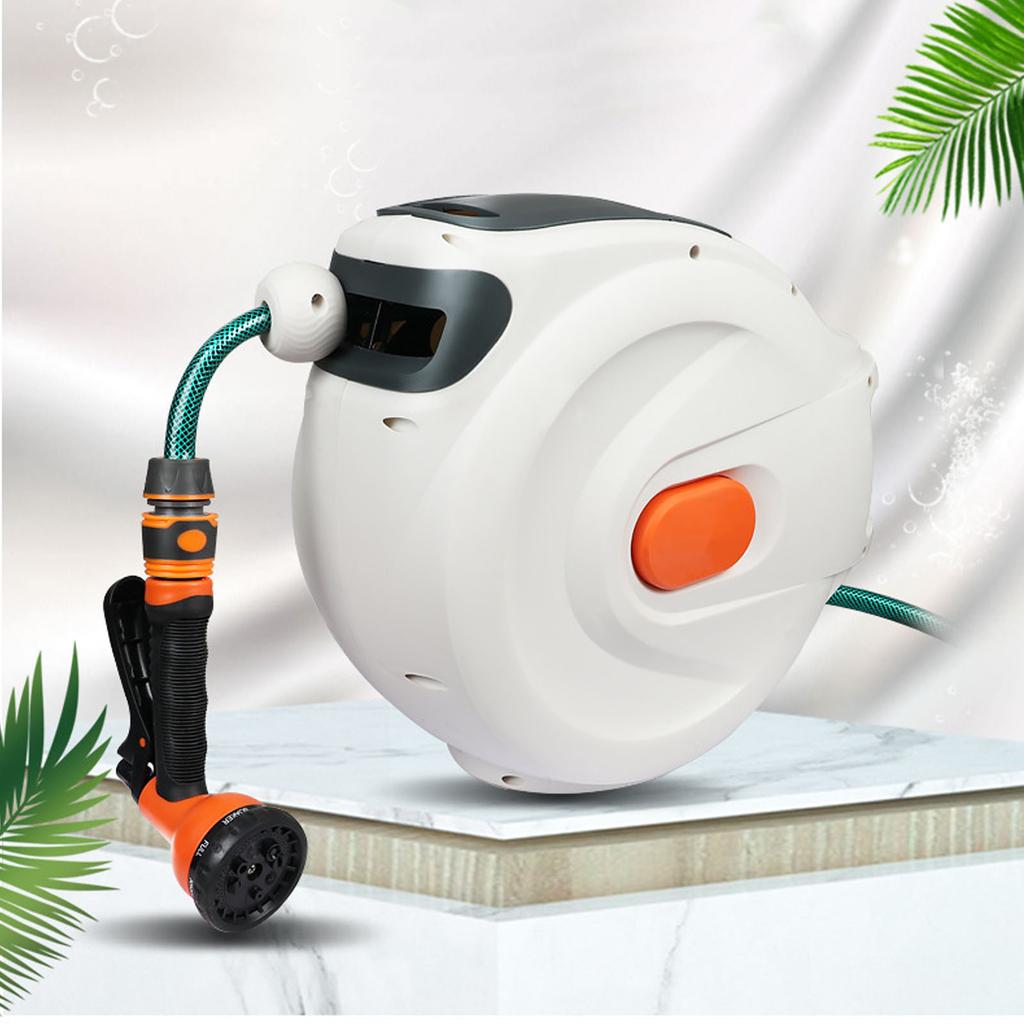 Retractable Garden Hose Reel Slow Return Auto Rewind Retractable Garden Hose Reel Wall Mount with Sprayer Nozzle for Car Wash
