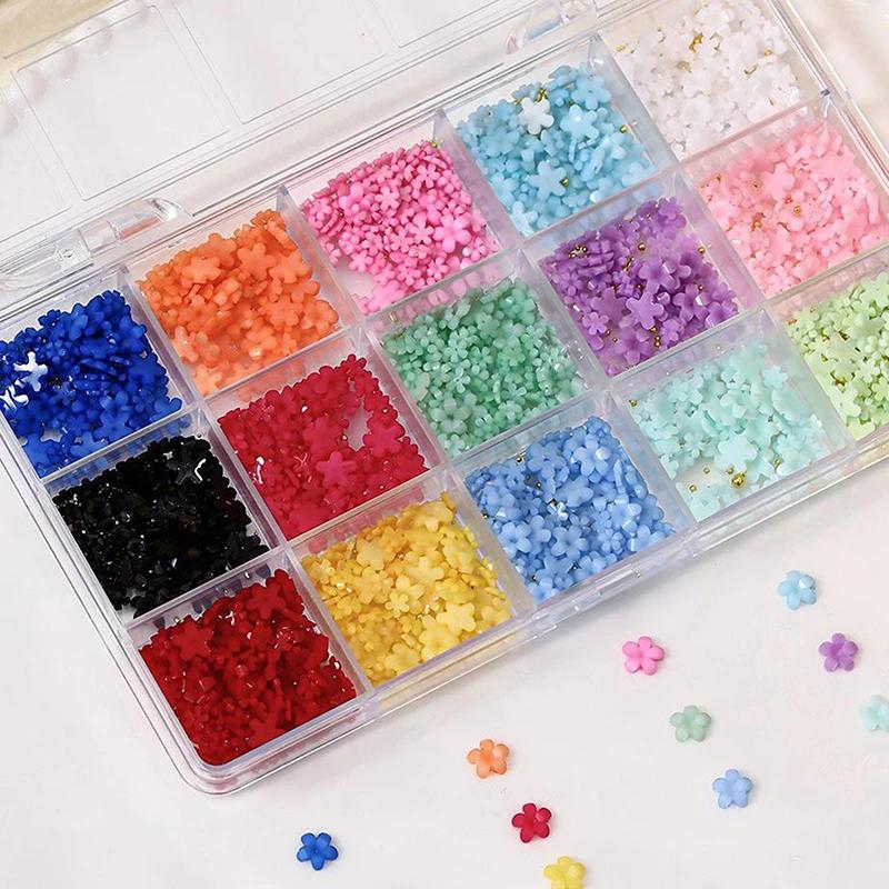 12/15 Grids 3D Flower Nail Art Decoration Colorful Resin 5-Petal Flower Nail Charms Luxury Rhinestones Manicure DIY Accessories