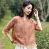 Frauen Stickerei Ramie Shirts Kurzarm Tops Sommer Einfarbig Patchwork Blusen Shirts