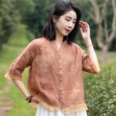 Frauen Stickerei Ramie Shirts Kurzarm Tops Sommer Einfarbig Patchwork Blusen Shirts