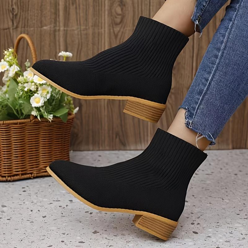 Women's Retro Chunky Heel Slip-Resistant Knit Booties - Vibrant Yellow & Mustard-Yellow All-Season Comfortable Round-to-Pointed Toe Ankle Boots