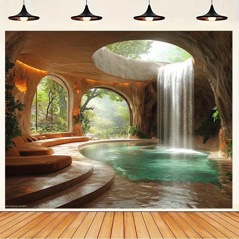 2D Spa Cave Waterfall Wall Tapestry Tropical Nature Background Cloth for Home