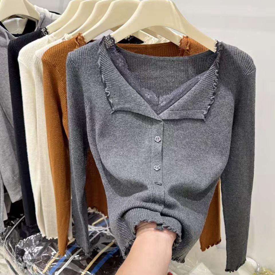 2026 Korean Sweet Lace Trim Cardigan Sweater Women's Soft Knit Jackets V-Neck Sweater Autumn Loose Winter Ruffle Edge Elegant Ladies Warm Coats