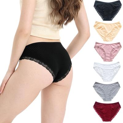 Large Size Women's Solid Color Lace Panties Lace Cotton Mid Waist Comfortable Underwear