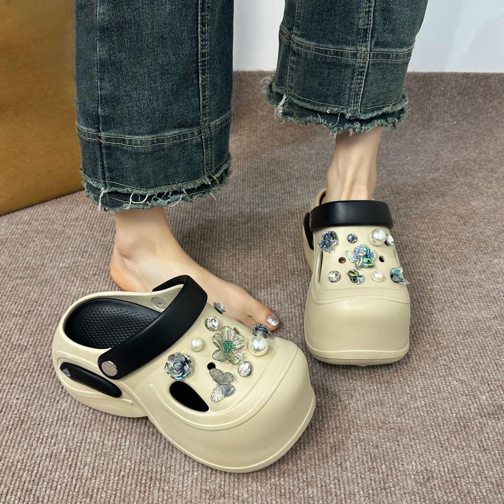 Small thick-soled heightening beach bag head women's half slippers 2025 summer new fashion hole shoes women's outer wear
