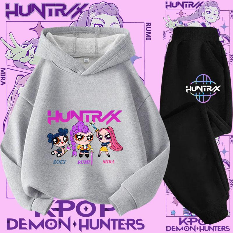 New K-pop Demon Hunter 3 - 12-year-old Girls' Sportswear 2-piece Cute Casual Top Children's Hooded Shirt Set with Cartoon Print