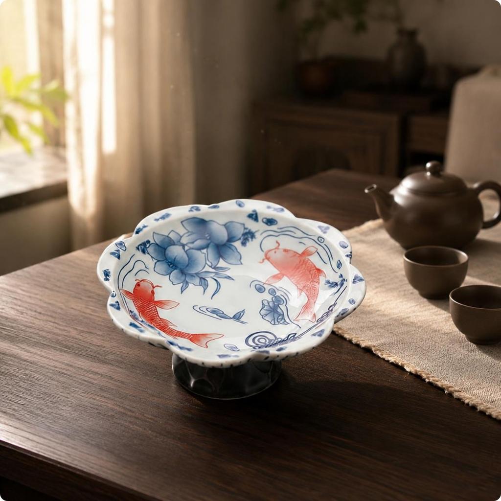 Blue and White Pedestal Bowl Decorative Porcelain Fruit Bowl Porcelain Tea Snack Plate Easy To Clean Pedestal Dessert Plate