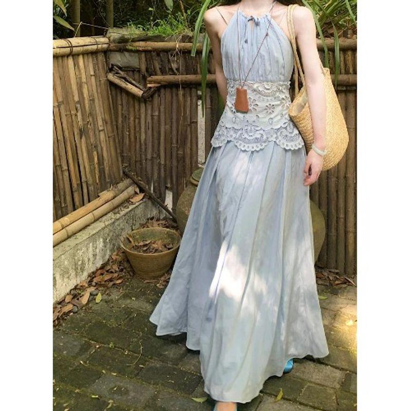 

Kumikumi Holiday Style Embroidery Hollow Hanging Neck One piece Dress Women clothing Summer Temperament Elegant Slimming A Word Long dress Holiday Blue Skirt L