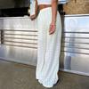Women Pants Elastic High Waist Wide Leg Casual Trousers Pure Color Hollow Embroidery Casual Trousers with Liner Daily Wear