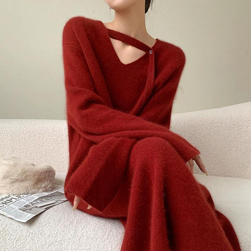 French Knitted Dress Is Thin In Autumn and Winter, with A Long Soft Waxy V-neck Sweater Skirt Jacket with A Base Inside The Waist