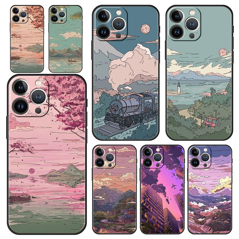 Japan Sunset Scenery Luxury Phone Case For iPhone 13 15 14 12 11 Pro MAX XR X SE XS 7 8 Plus Silicone Black Protection Cover