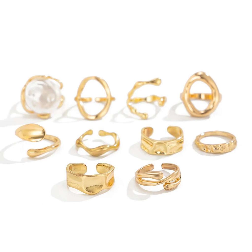 PuRui Vintage 10Pcs/Set Imitation Zircon Trendy Hollow Out Irregular Unique Open Ring Set Creative Geometry Ring Female Zircon