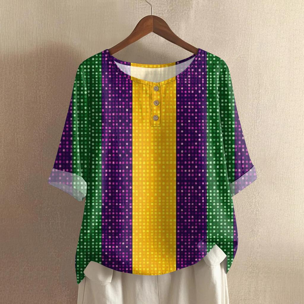 Women's Carnival Printed Casual Mid Sleeve Round Neck Cotton And Hemp Top