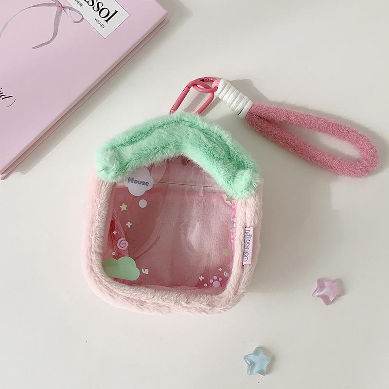 Cartoon Plush Clear PVC Doll Storage Bag, 3D Outdoor Little House, Doll Bag for Showing Off, Student Keychain, Doll Bag