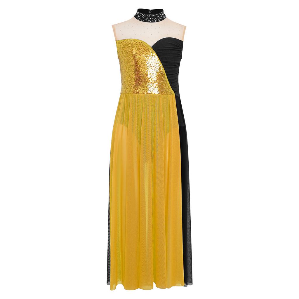 Girls Lyrical Performance Dress Sleeveless Sparkling Sequins Top And Color Block Side Split Skirt