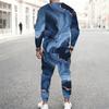 Men Plus Size Blue Printed Round Neck Long Sleeve Two Piece Cuffed Pants Set