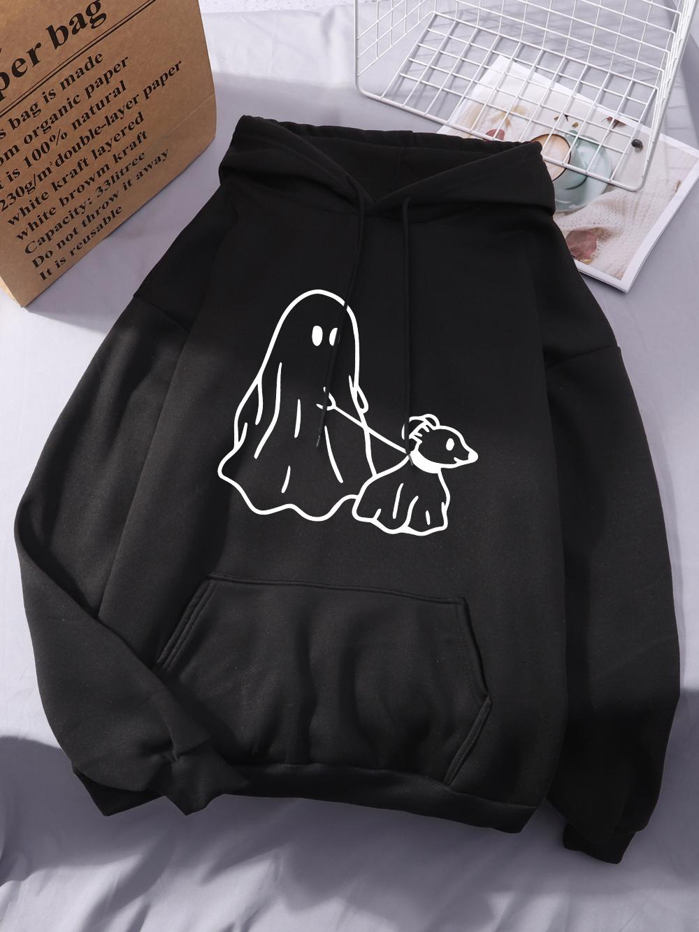 

Little Devil Leading Dog Printing Hoodies Women Comfortable Pocket Hooded Winter Fleece Warm Tops Basics Sporty Woman Clothes 2XL