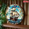 Vintage Pirate Ship Round Metal Wall Art, Stained Glass Effect Aluminum Tin Sign, Tropical Nautical Decor 8x8