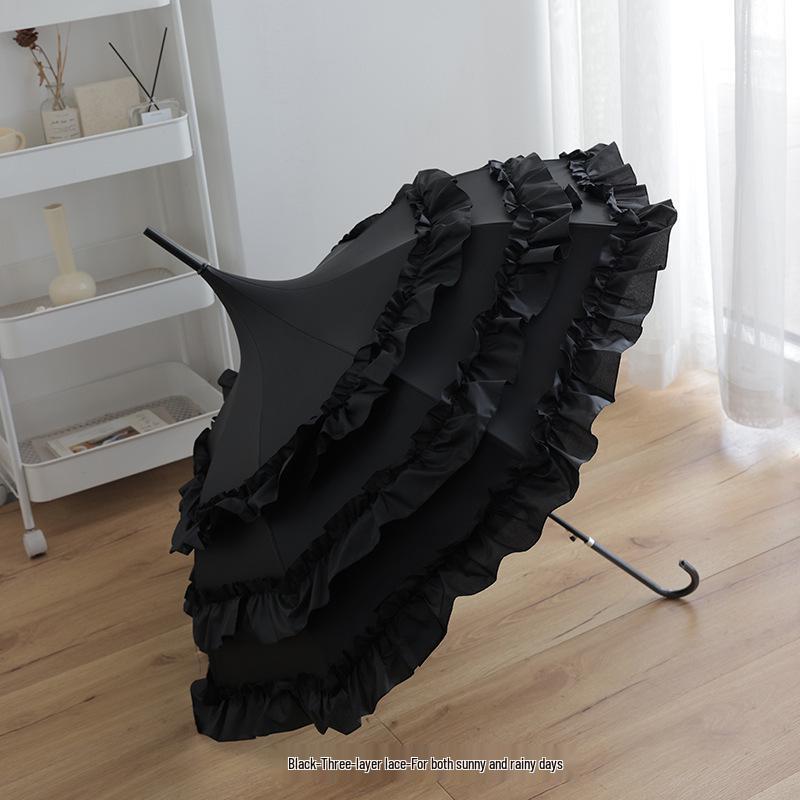 Lolita Lace Pagoda Princess Parasol - Elegant Wedding Umbrella with Long Handle, Goddess Sunshade, Cute Lolita Design, Sun Protection.