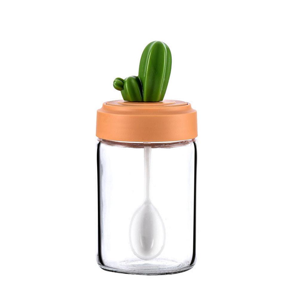 Kitchen Seasoning Jar Set Cactus Shape Lid Glass Bottle Good Sealing Spice Container with Bottom Tray 3Pcs