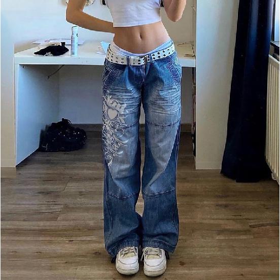 Street style women's clothing, irregular print loose long pants, low-waist pleated washed distressed multi-color jeans