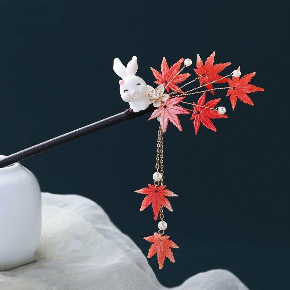 Flower Wooden Hair Stick Rabbit Hanfu Hairpin Retro   Hanfu Accessories