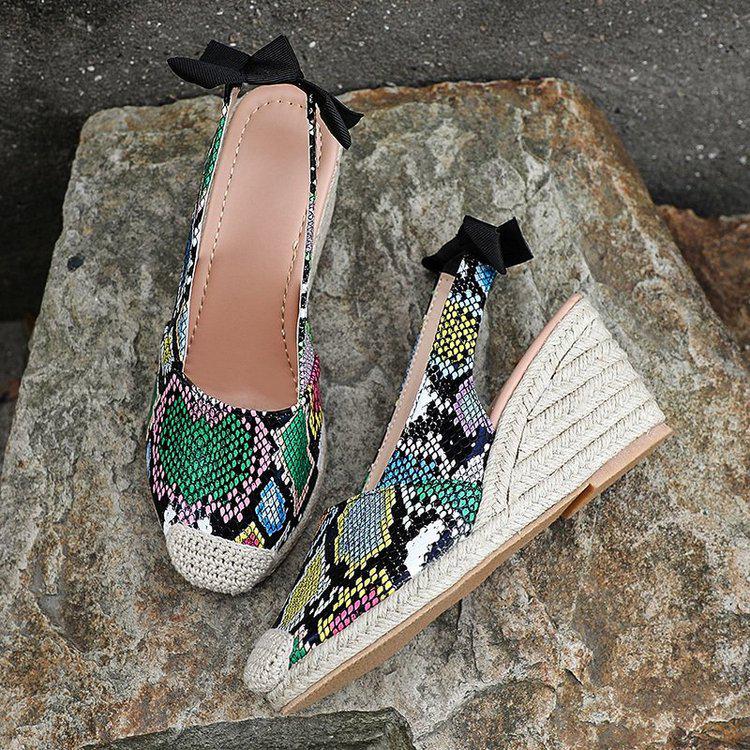 European & American Snakeskin Pattern Jute Wedge Women's Closed-Toe Backless Summer Sandals, Plus Size High Heel Shoes
