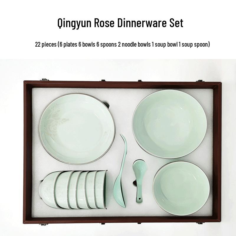 Lu Fenglai Lu Qing Porcelain Green Charm Rose 22-Piece Dinnerware Set