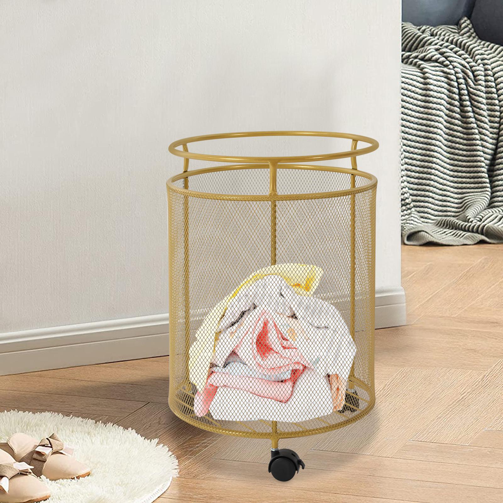 

Золотая корзина для белья на колесиках, Круглая сетчатая корзина для хранения, Мобильная тележка для одежды для дома, спальни, ванной комнаты золотой