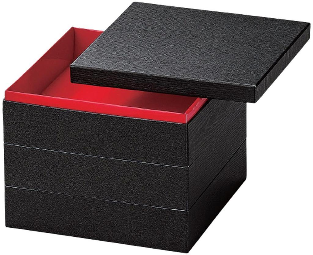 Outdoor Lunch Box Made in 3 Washi Black Wood Grain x x J-kitchens (Lunch Box) Japan, Tiers, 6.5 inches, Paper, Interior, Red, 20.7cm 20.7cm 17.0cm