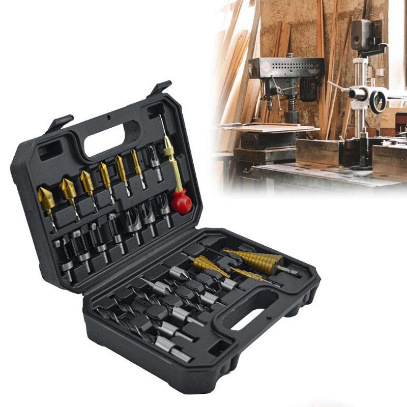 26ks Dřevoobráběcí stupňovitý vrták Tříbodová zápustná hmoždinka do dřeva Srážení hran Vrták Sada polohovačů středového razníku Nástroj na otvírání otvorů