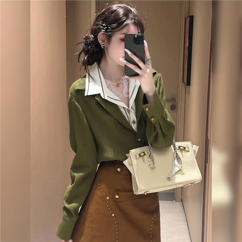 Women s Elegant French Stripe Patchwork Lapel Shirt - Two-Piece Long Sleeve for Autumn 2025 S