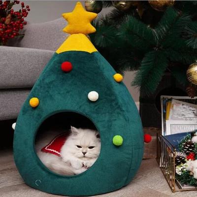 Christmas Tree Cat House,Cat Tent Cave Bed Mat,Festival Xmas Winter Warm Soft Comfortable Pet Cat Cave Bed Shape Tree Cats Nest