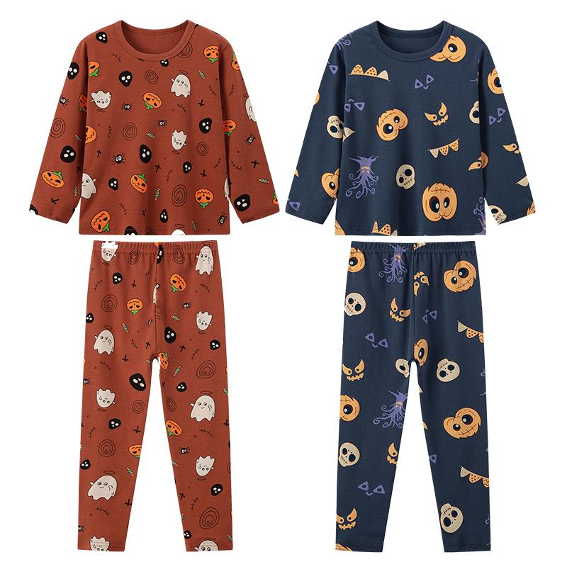 2-piece Children's Halloween Funny Pumpkin Pattern Cotton Warm Suit Boys and Girls Breathable Comfortable Long-sleeved Home Set