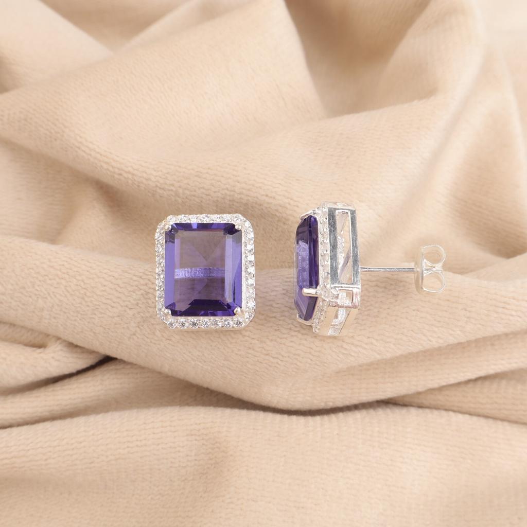 Iolite Gemstone 925 Solid Silver Jewelry Zircon Earrings 0.57" Anniversary Gift CZE-6-5