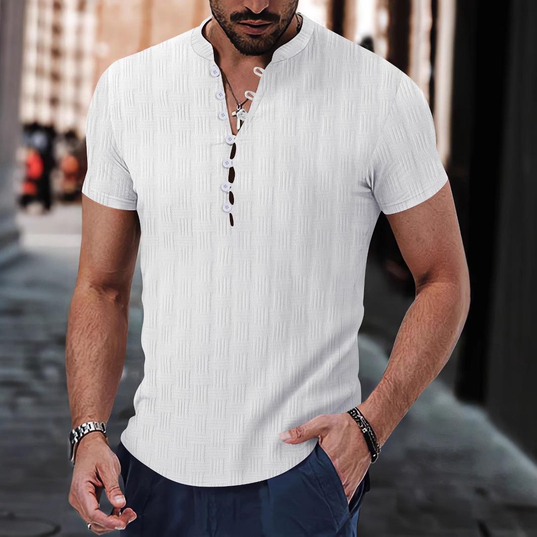 

2026 Summer New Fashion T-shirt Men s Casual Short-sleeved Jacquard Henry Shirt Stand-up Collar Casual Short-sleeved Shirt S