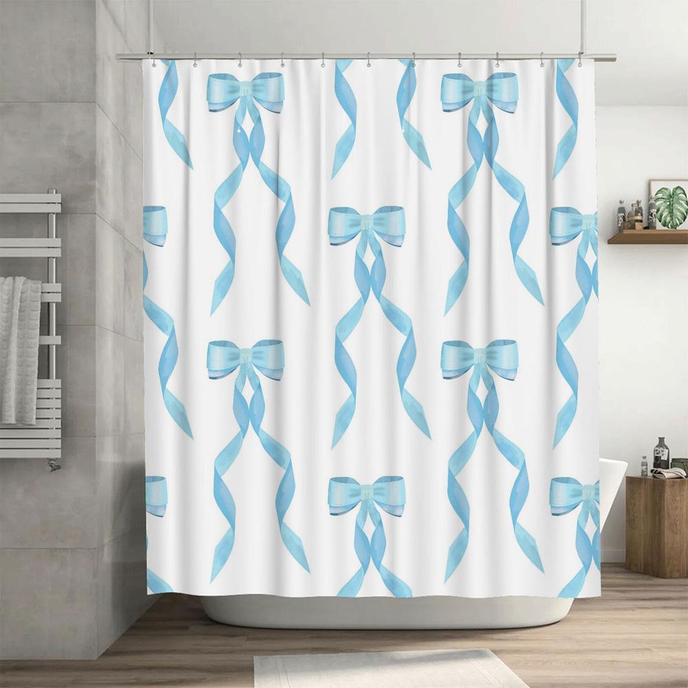Watercolor Blue Ribbons Shower Curtain Set Elegant Bowknot Design For Bathroom Decorations Modern Home Improvement Accessories F