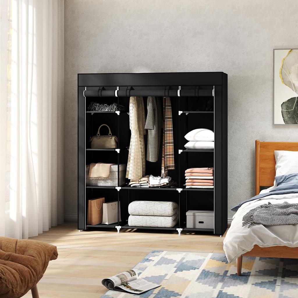 Fabric Wardrobe with Rod 10 Open Shelves Zipper Cover and Steel Frame 150x43x162.5 cm Black