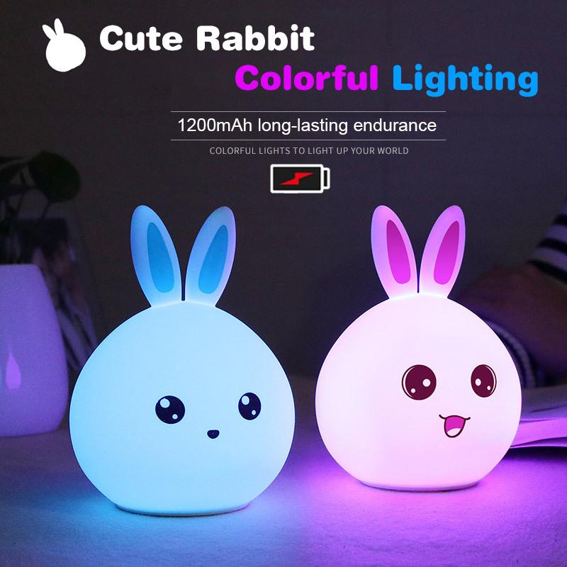 LED Rechargeable Night Light Cute Rabbit Colorful Light Clap Lamp Pat Lamp Night Feeding Baby Bedroom and Kid's Christmas Gift