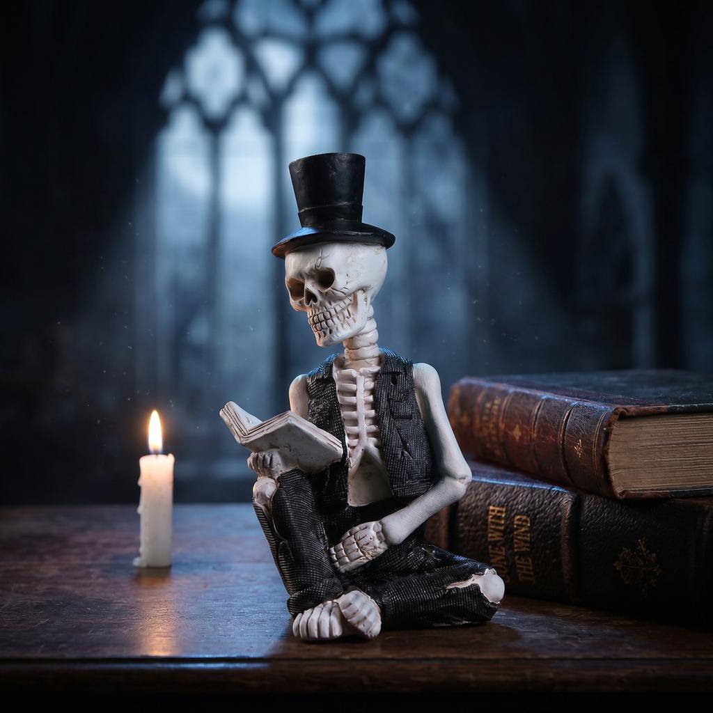 Figure Reading Book Ornament for Halloween House Decor and Photo Prop