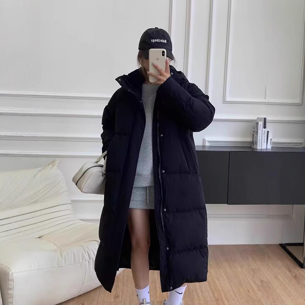 Winter 2024 neue lange Knie-Daunenjacke Damen weiße Entendaunen verdickte Kapuze lose Studentenjacke Flut