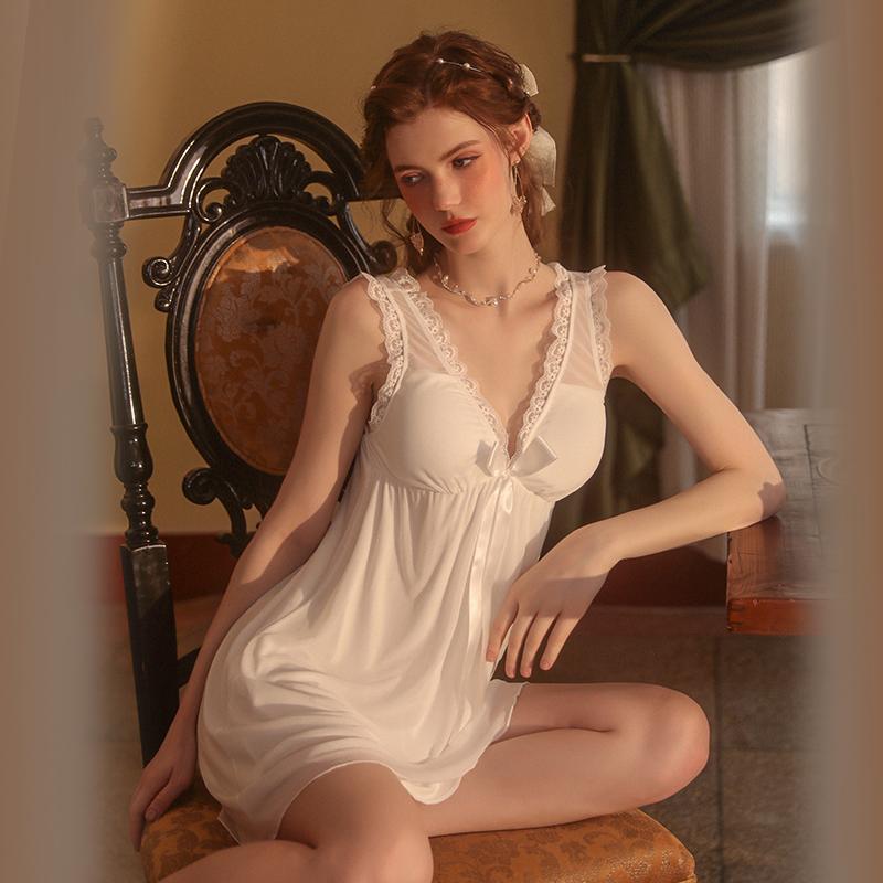 Nightgown Set for Women Springtime and Hot Season Solid Color Nightgown with Padded Lace Sweet Robe for Women