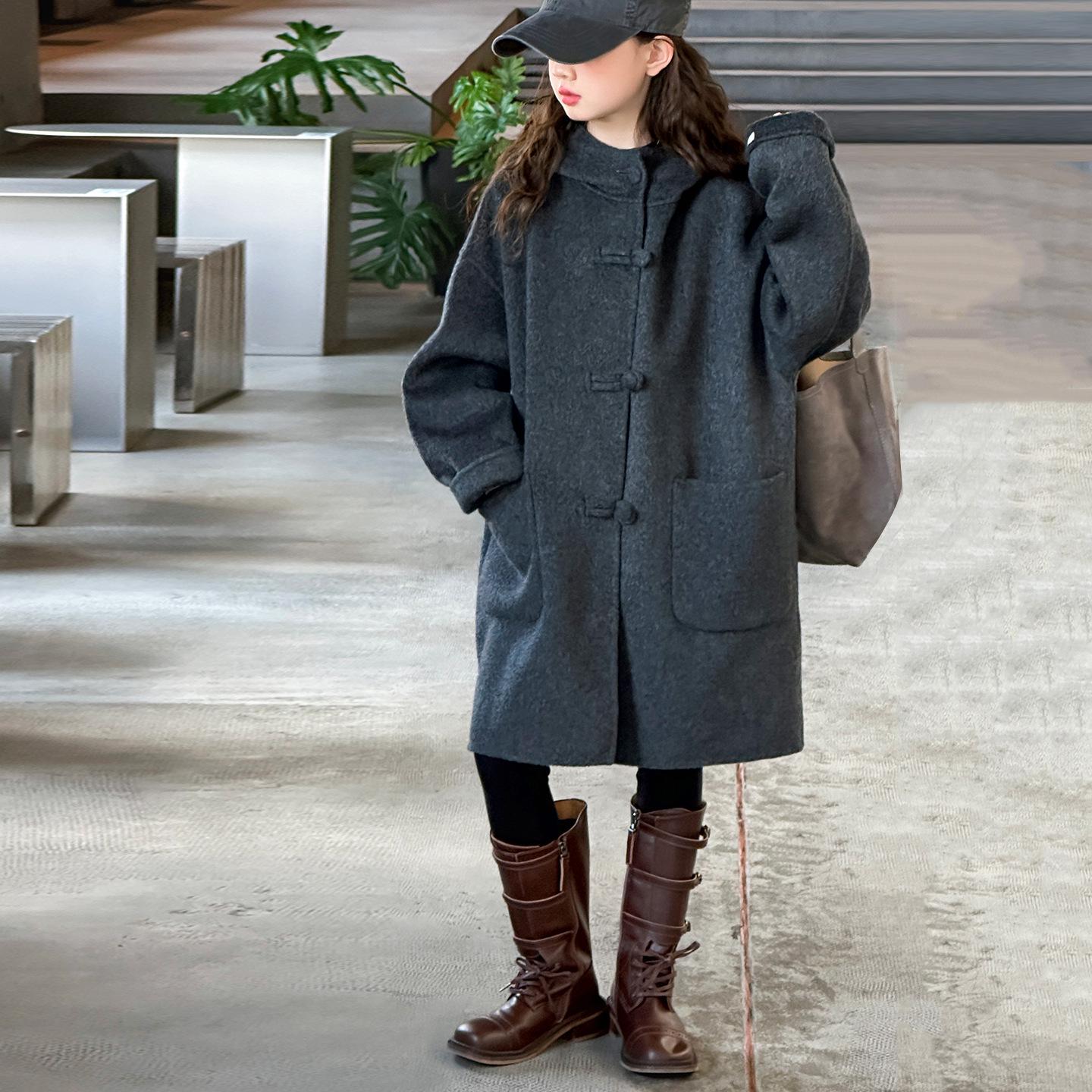 

Девичье шерстяное пальто средней длины, Осень/Зима 2025, Новый корейский стиль, Большое детское пальто. 140 cm серый