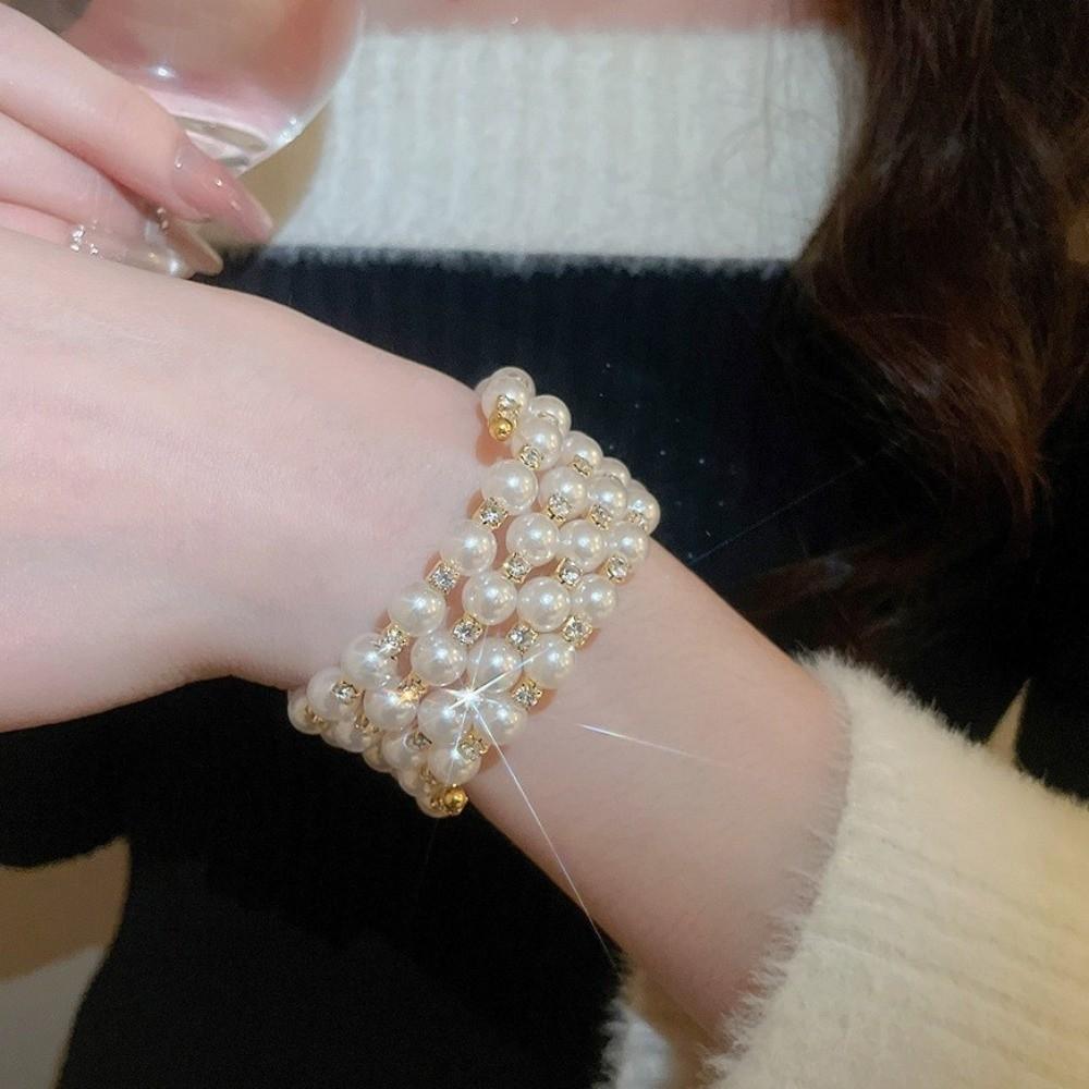 Luxury Multi layer Rhinestones Bangles Fashion Stretchable Pearl Cuff Bridal