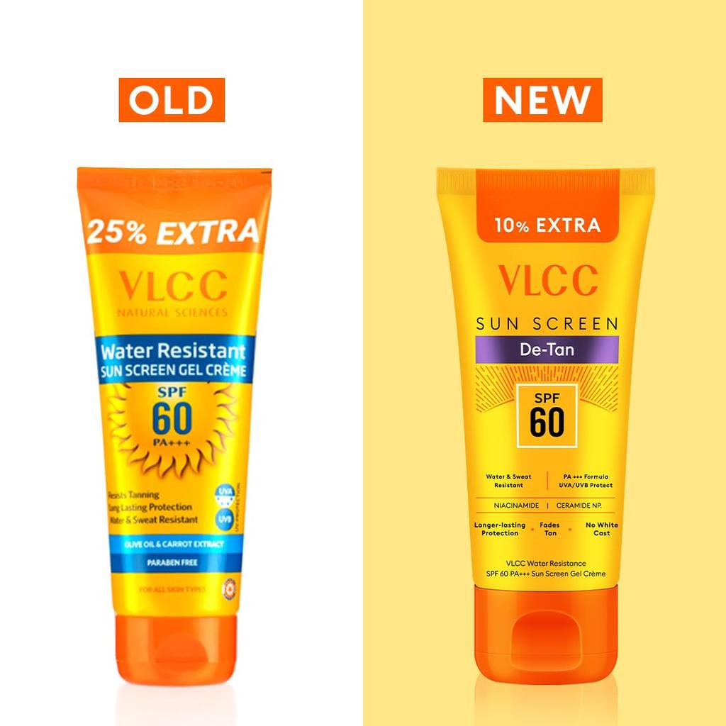 VLCC De-Tan Water Resistant SPF 60 Sunscreen Gel Crème 100g+10g Pack of 2 With Niacinamide, Ceramides, Vitamin E