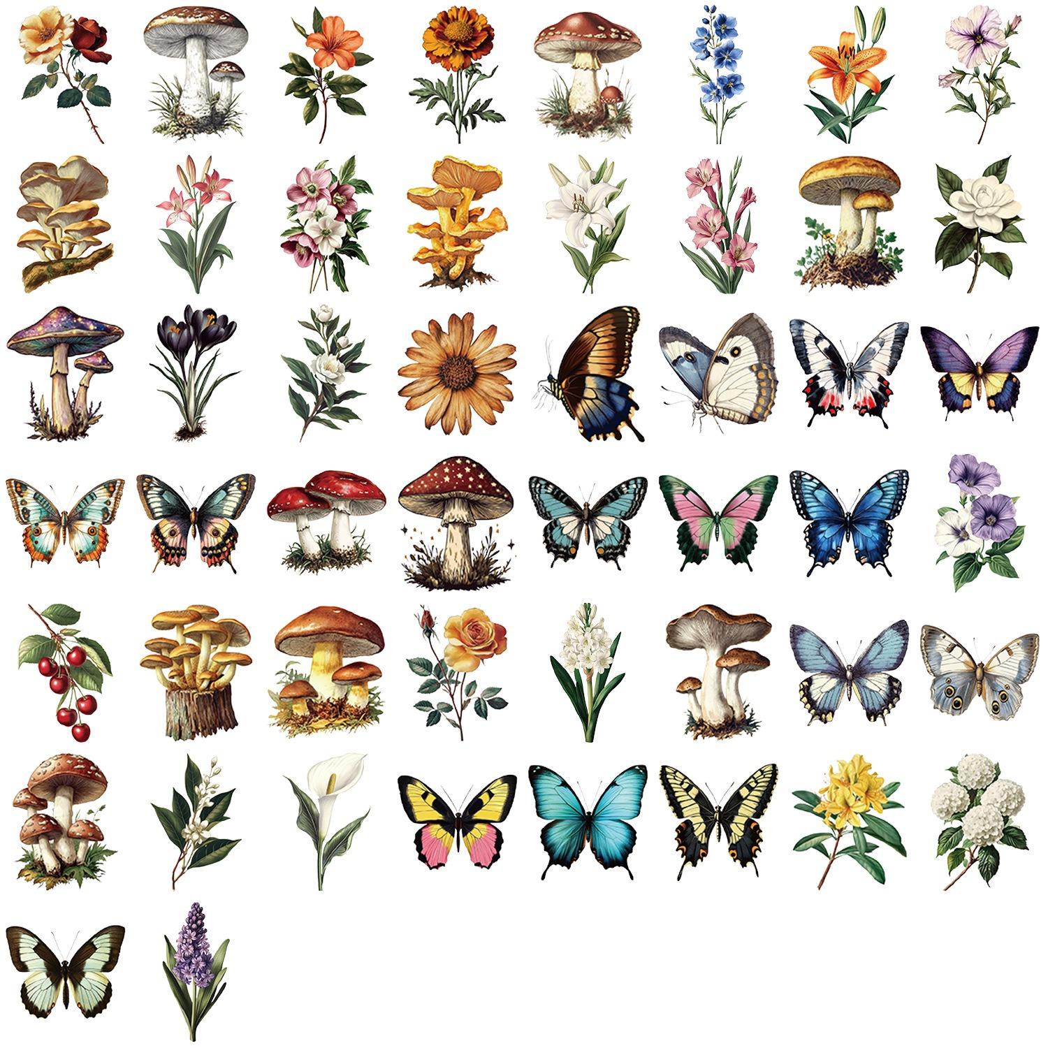 50Pcs/Set Butterfly & Flowers  PET Clear Stickers Waterproof DIY Fashion Doodle Decals Stickers (5 Styles) 01-50Pcs