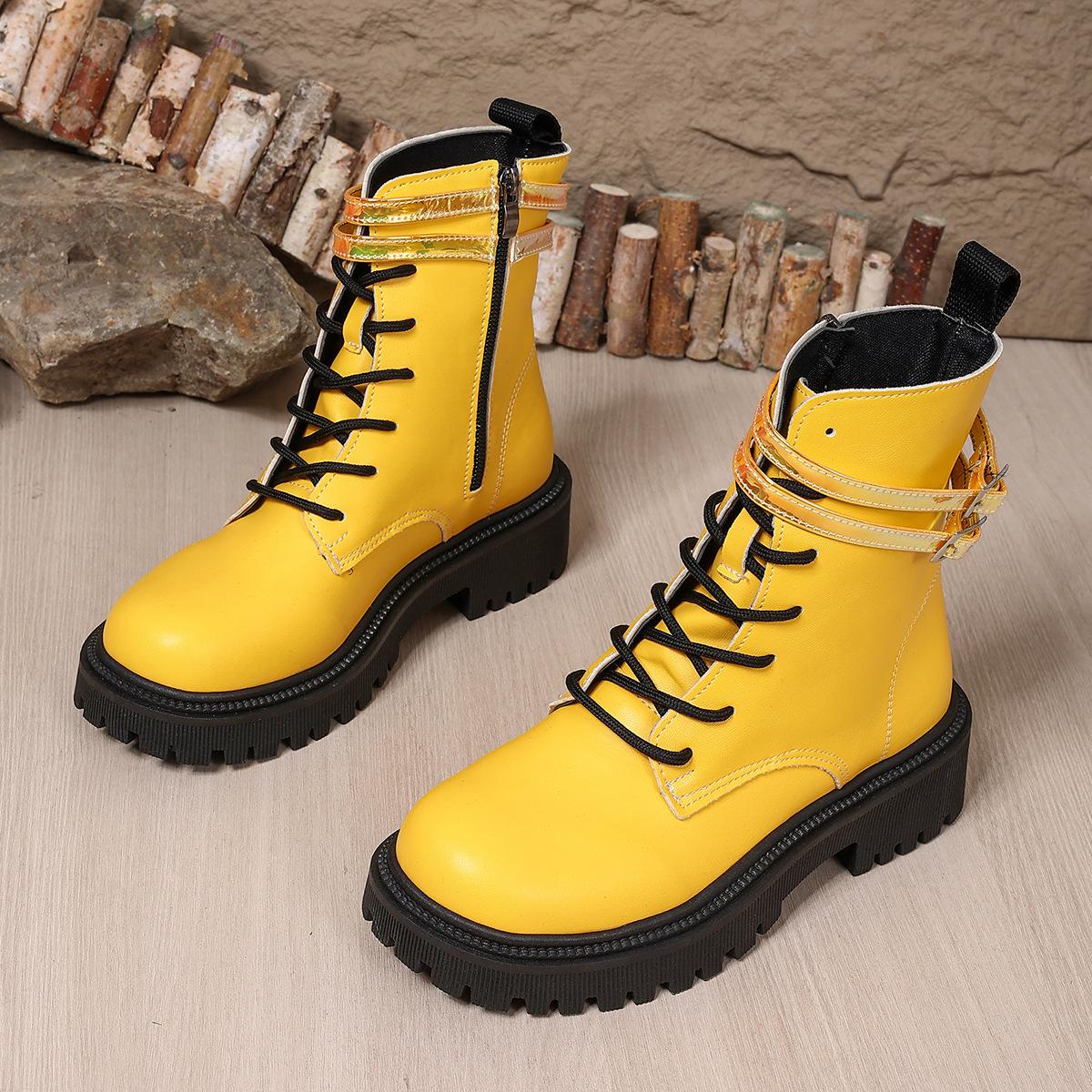 

2025 Side Zipper British Style Large Round Head Colorful Belt Buckle Short Boots for Women 35