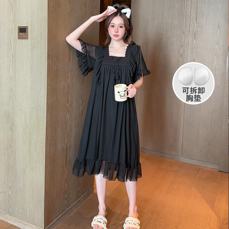 Linglei Summer Solid Color Lace Bow Mesh Court Princess Style Long Nightdress Pajamas Loungewear Women