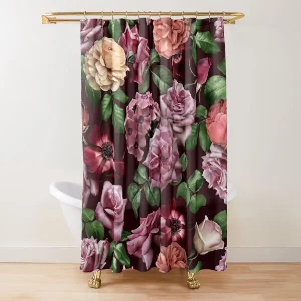 Floraler Duschvorhang Dunkelrosa Schwarz Rot Grün Blätter Bunte Blumen Schmetterling Gothic Badezimmer Vorhänge Vintage Badezimmer Dekor